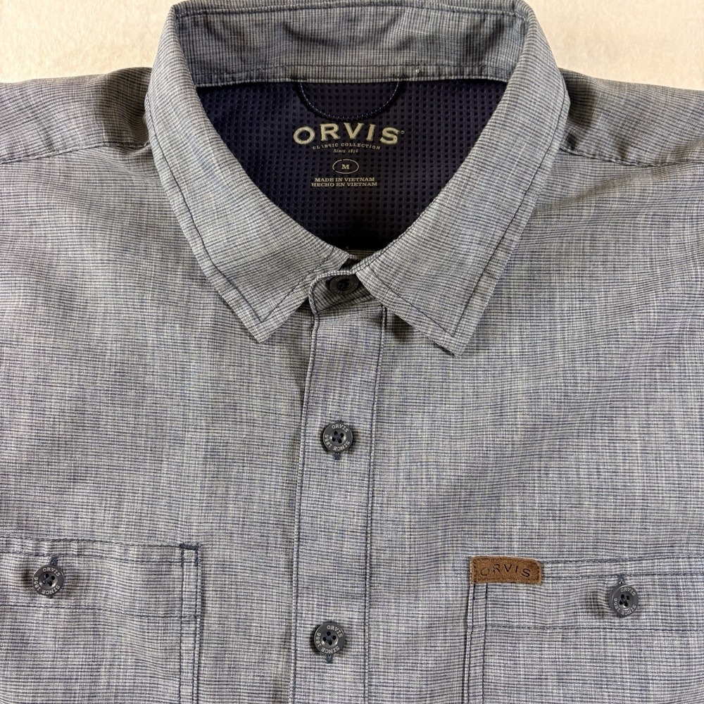 Orvis Mens Tech Performance Shirt Medium Button Up Blue Short Sleeve Fishing